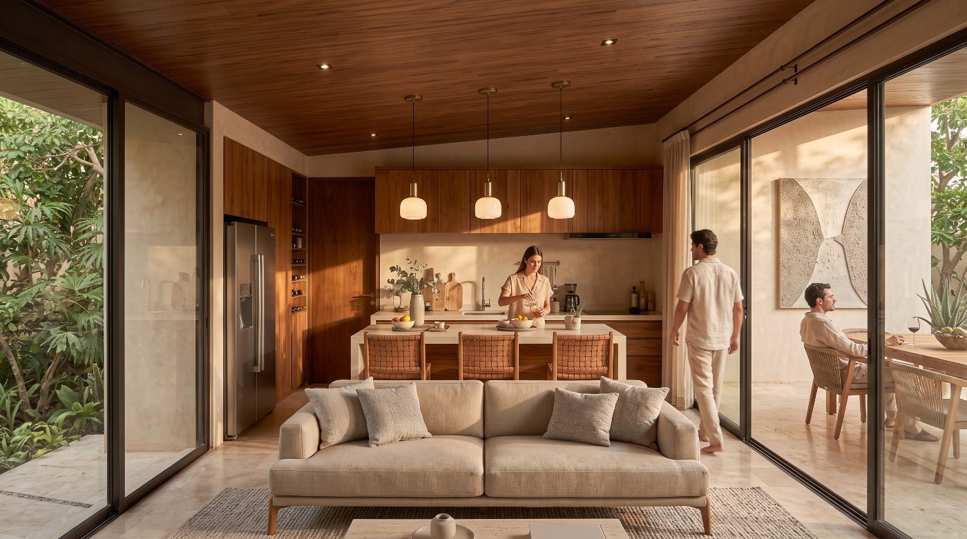 Sala y cocina de la villa de 90 m²
